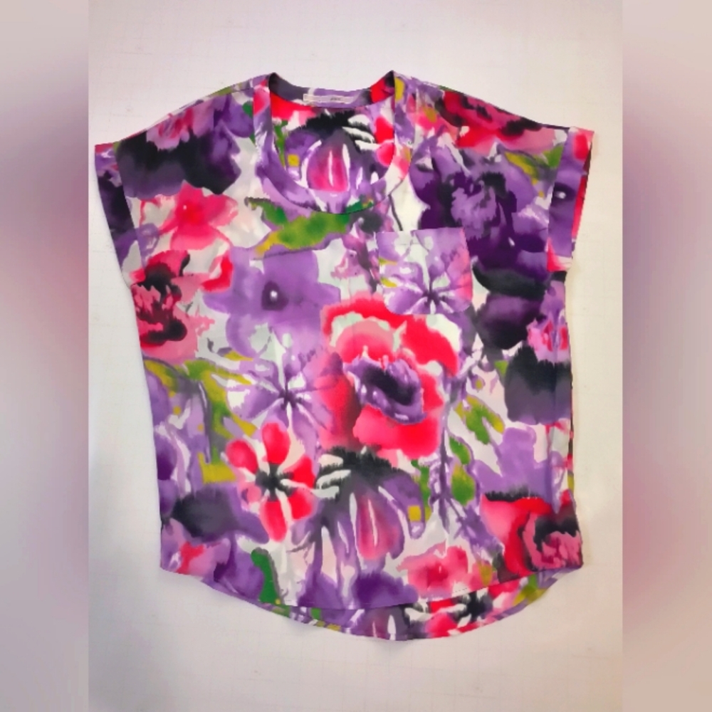 Gibson Floral  Silk Blouse Purple Pink Short Sleeve Top Sz XS – Gently Worn